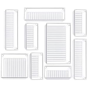 Kootek 9 Pcs Drawer Organizer 4-Size Bathroom Drawer Organizers Clear Plastic Desk Storage Bins Vanity Makeup Drawer Dividers for Jewelry Dresser Bedroom Kitchen Gadgets Office (Clear)