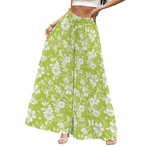 Palazzo Pants for Women Casual High Waist Wide Leg Floral Elastic Lounge Trousers with Pockets