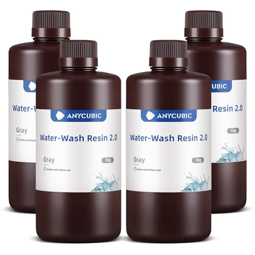 ANYCUBIC Water Washable 3D Printer Resin 2.0 Bundle, 405nm High Precision UV-Curing 3D Resin, Low Shrinkage Photopolymer Resin for LCD Resin 3D Printer (4Packs*1kg Grey, 4kg in Total) Grey 4