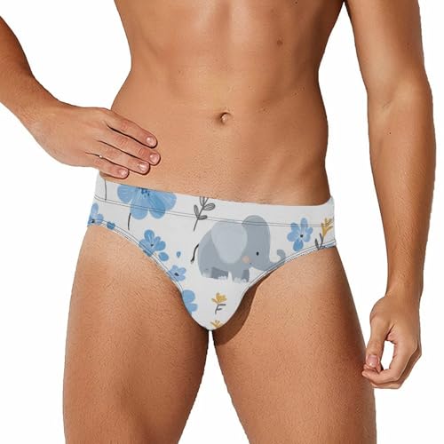 Cute Elephants and Blue Floral Mens Swim Briefs Bikini Sexy Low Rise Trunks Swimsuit Bathing Suit Beach