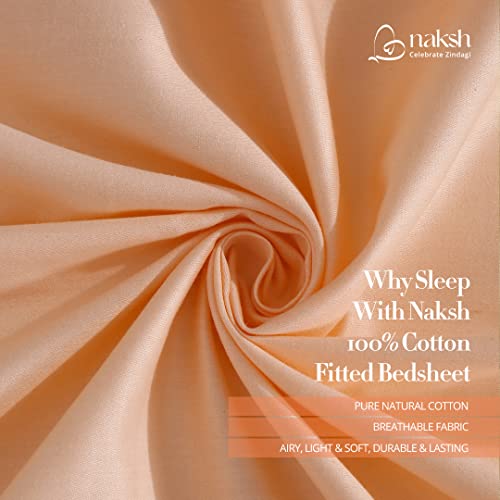 Image of NAKSH King Size Bedsheet Cotton Elastic Fitted 78 x 72 Inch, 210 TC Plain Pure Cotton, Peach | 1 King Size Bedsheet with Elastic Fitted and 2 Pillow Covers