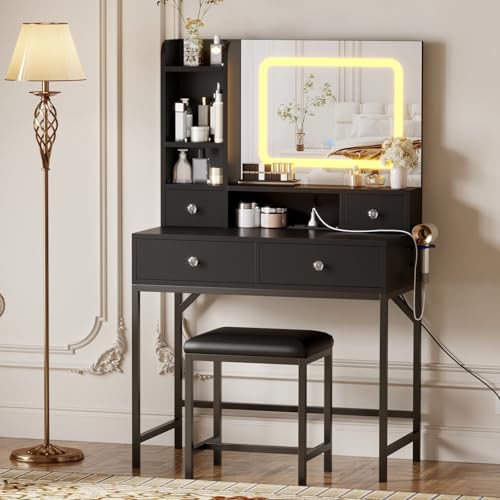 GarveeHome Makeup Vanity Desk and Stool with Mirror Vanity Desk with Lights in 3 Colors, Girls Vanity Table with Charging Station, 4 Drawers, 6 Storage Shelves for Bedroom, Black