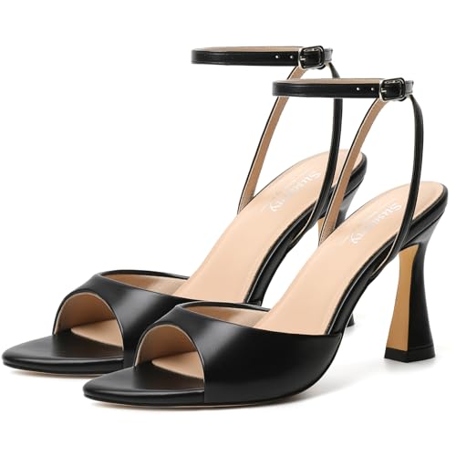 Image of Susanny High Heels for Women Pointed Open Toe Strappy Chunky Block Heels Ankle Strap Stiletto Kitten Heeled Sandals Wedding Bridal Party Prom Sexy Dress Shoes