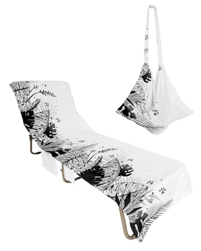 Black Botanical Beach Lounge Chair Towel Cover, Soft Chaise Lounge Towel with Side Pockets Patio Pool Chairs Cover for Beach/Pool Sunbathing 29x85 Summer Palm Leaf Tropical Plants