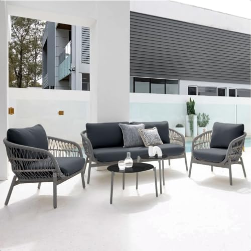 Image of BRISHI Outdoor 4 Seater Sofa Set | Balcony Sofa | Patio Furniture Sets | Conversation Sets | Braid & Rope Garden Sofa Set. (Grey)