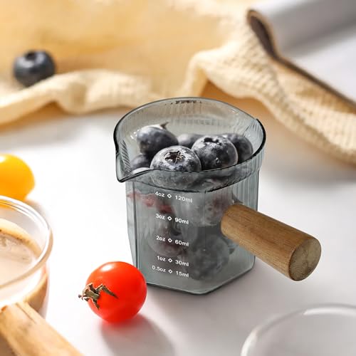 Image of Joeyan 4 oz Grey Double Spouts Measuring Triple Pitcher Milk Cup with Wood Handle,Ribbed High Borosilicate Glass Measuring Cup, Espresso Shot Glasses