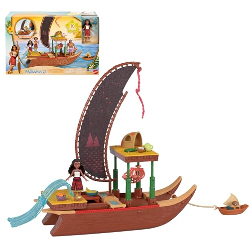 Mattel Disney Vaiana 2 Spielzeuge, Vaianas Abenteuerkanu-Spielset mit schwimmendem Kanu, kleiner Vaiana-Puppe, 1 Charakterfreund, 6 Spielbereichen und 10 Zubehörteilen, JBT78*