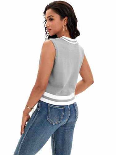 Image of Womens Cropped Sweater Vest V Neck Sleeveless Loose Fit Tank Tops Striped Knit Lightweight Pullover Fall Sweaters