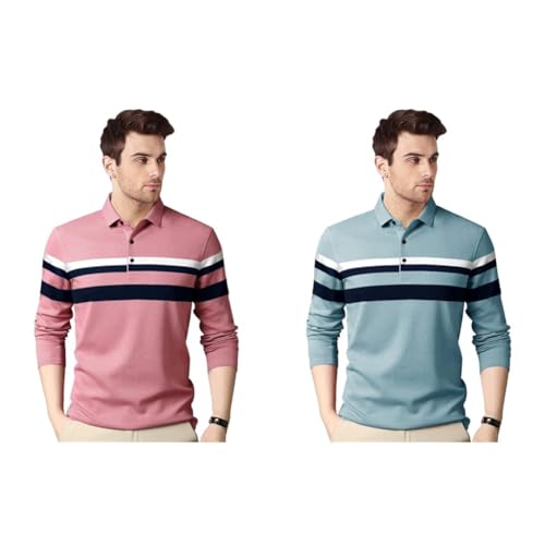 Image of EYEBOGLER Polo Neck Half Sleeve Striped Print Casual Men Regular Fit Tshirt (Pack of 2)