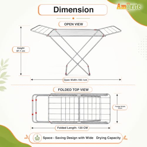 Image of Premium Steel Clothes Drying Stand | Foldable Cloth Dryer Stand, 3-Way Folding Design, Space-Saving Flat Folding Laundry Drying Rack for Indoor & Outdoor(Cross Design - 120 x 54 cm)- Silver