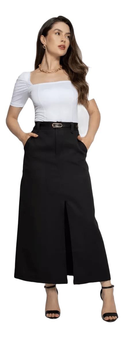 Saia Social Feminina em Alfaiataria com Fenda Frontal – Cintura Alta, Elegante e Sofisticada para Escritório, Eventos e Dia a Dia | REF: SAI-009