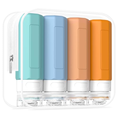 Redfly Mehrfarbige Reiseflaschen für Toilettenartikel, BPA-frei, auslaufsicher, quetschbare Silikon-Behälter in Reisegröße, Reisezubehör mit transparentem Kulturbeutel (4 Stück)
