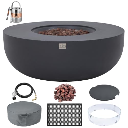 Image of AMS Creations | Eclipse 44 inch Bundle Round Cast Concrete Natural Gas Fire Pit Bowl Table | Dark Gray | Smooth Texture Surface | Electronic Ignition | Outdoor Patio Heater Outside Backyard Fireplace