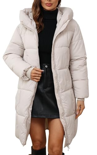 Maeau - Lange Daunenjacke mit Kapuze, Damen, Winter, Reißverschluss, warm, Daunenjacke, gesteppt, Parka, lang, lässig, XS-XXL, weiß, 42