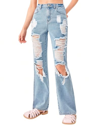 WDIRARA Girl's Cut Out Ripped Pocket Flare Leg Zipper Denim Jeans High Waist Pants Blue 11Y