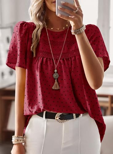 Image of Falechay Womens Summer Tops Crewneck Short Sleeve Shirts Casual Chiffon Blouses Flowy Lace Hem Boho Clothing Trendy 2026
