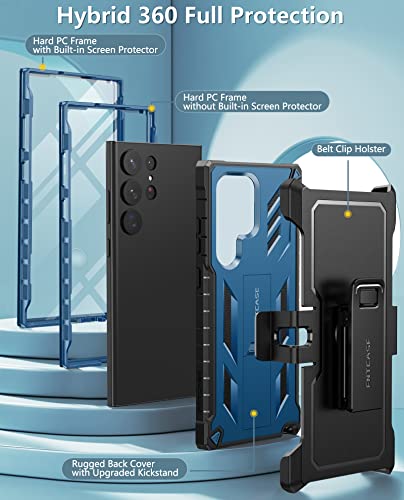 Fntcase For Samsung Galaxy S23 Ultra Case: Built-In Screen Protector & Kickstand, Extra Front Frame, Full-Body Dual Layer Rugged Belt-Clip Holster Heavy Duty Shockproof Protective Phone Cover-Blue #TOP2