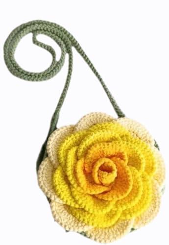 Image of Handmade Crochet Rose Sling Bag, Yellow Orange Cream Flower Crossbody Purse with Green Strap, Cute Party Bag for Kids Teens Adults