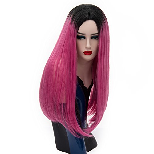 Alacos 65CM Long Straight Black Roots Ombre Synthetic Daily Christmas Costumes Cosplay Wigs for Women +Free Wig Cap (Rose Red)