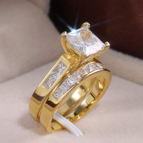 HengSunHengSun Wedding Ring Set Two Rings His Hers Couples Rings Women's 10k Yellow Gold Filled White CZ Wedding Engagement Ring Round-Shape Cubic Zirconia Cz Engagement Wedding Ring