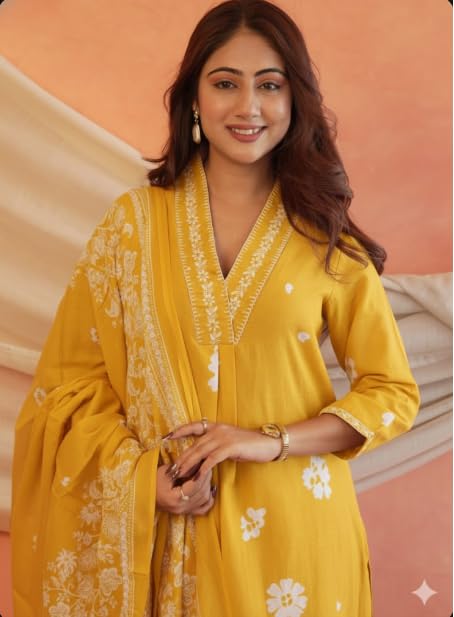 Image of Women's Mulmul Cotton Kurti with Pant and Dupatta