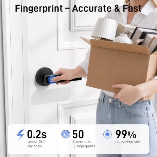 RAFECIEE Smart Fingerprint Door Lock with Keypad, Keyless Entry Door Knob with Handle, Biometric Door Lock for Bedroom/Front Door/Apartment, APP Remote Control Black - 1