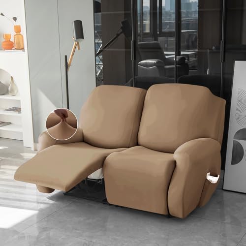 Image of HOKIPO 'SereneSolids' 140 GSM 6-Pieces Super Stretch Recliner Sofa Cover 2 Seater Fully Covered Washable Furniture Protector, Dark Camel (AR-4741-DCML)