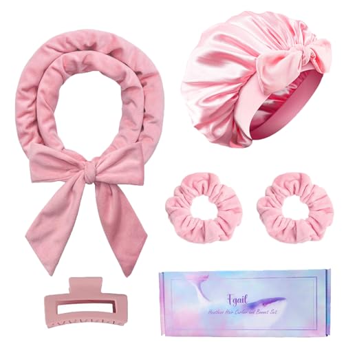Fgail Heatless Hair Curler and Double Layer Satin Bonnet Set for Overnight Curls - No Heat Curling Rod with silk Bonnet, Sleep-In Safe for Long/Medium Hair, Frizz-Free Waves & Volume(Pink)