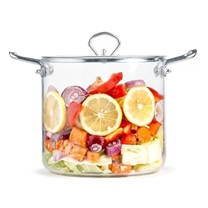 Glass Cooking Pot Sauce Pan with Lid Cover 5L / 5.3 Quartz Heat Resistant Simmer Pot for Stove Potpourri, Pasta, Soup, Salad, Clear Glass Pots for Cooking Stock Pot Borosilicate Glass Cookware