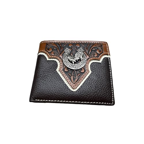 Men’s Short Leather Wallet – Hand Tooled Design with Horseshoe Rooster Concho – Western Cowboy Bifold Wallet for Ranchers, Farmers & Rodeo Gifts