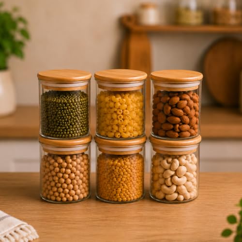 Image of Airtight Glass Storage Jar with Bamboo Lid, 220 ml Pack of 6 | Multipurpose Kitchen Container for Coffee, Tea, Sugar, Spices, Dry Fruits & Snacks | Transparent Pantry Organizer Jars