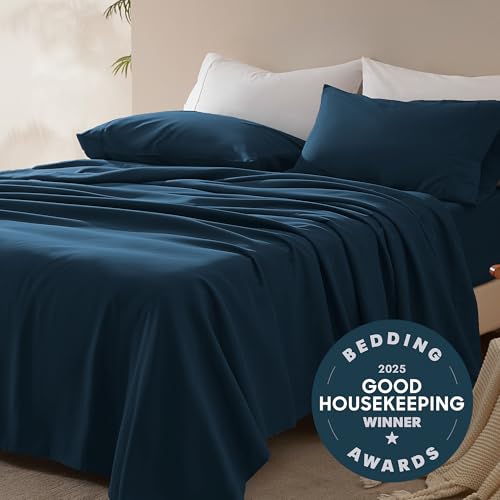 SLEEP ZONE Nanotex Super Soft Cooling Full Size Bed Sheets Set 4 Piece - Easy Care Fitted Flat Sheet & Pillowcase Sets - Wrinkle Free, Fade Resistant, Deep Pocket 16" (Navy Blue, Full)