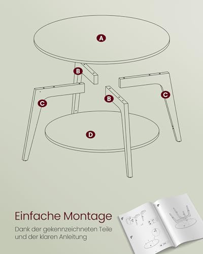 VASAGLE Couchtisch rund, Wohnzimmertisch 2 Ebenen, Kaffeetisch für Wohnzimmer, 80 cm d, 45 cm H, einfach zu montieren, schneeweiß LCT243W14
