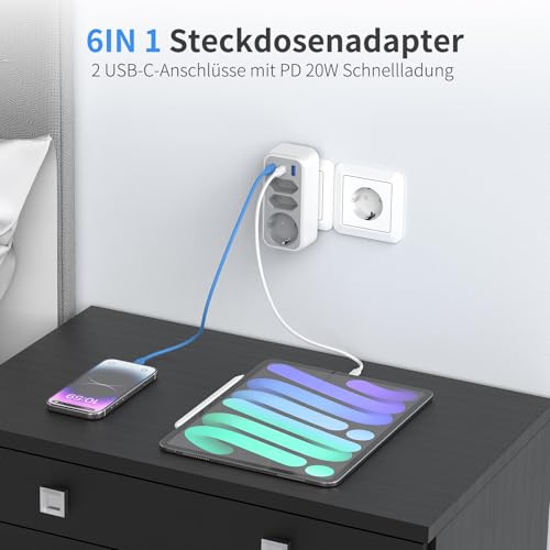 6 in 1 Mehrfachstecker Doppelstecker für Steckdose Mehrfachsteckdose mit 3 USB STGAROT 4000W/16A 3 Fach Steckdosenadapter mit 2 PD20W USB-C Mehrfachstecker für Steckdose 4