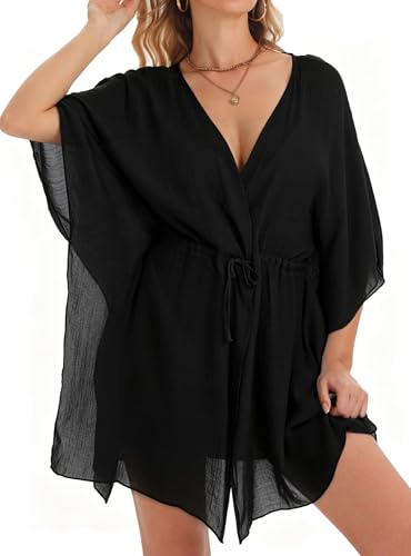 Vossmi Mujer Vestido de Playa Ropa Ocio Vestidos Cuello en V Manga Corta Bikini Cover Up Holgado Vestido Cordón Camisola Coverup Otoño Negro Talla única