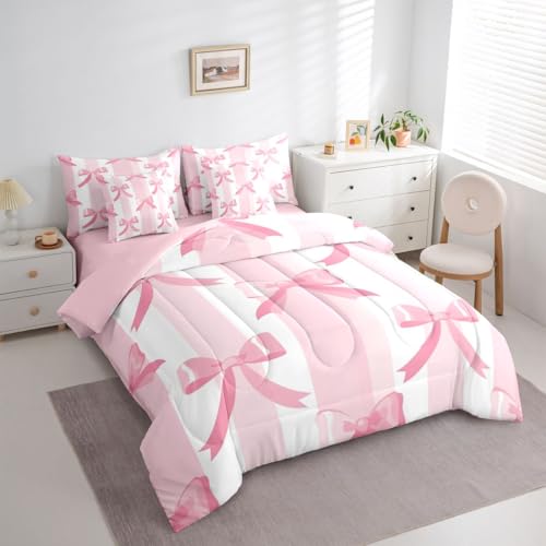 Image of Princess Bow King Size Comforter Set with Sheets | Kawaii Bow 7-Piece Bedding Set Dreamy Ribbon Bowknot Bed in a Bag, Watercolor Pink Striped Bed Sets,Cute Room Decor Aesthetic