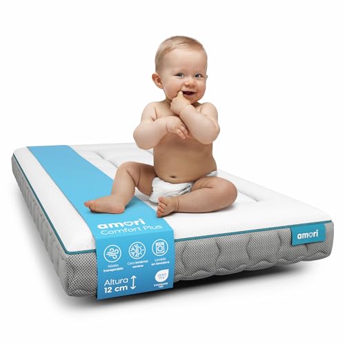 AMORI Colchón Cuna 120 x 60 cm | Viscoelastico 2 cm | 12cm Grosor Colchon Plagiocefalia y Antiasfixia Bebe Funda Lavable | Invierno - Verano | Certificado Oeko-Tex | Hipoalergenico Comfort Plus