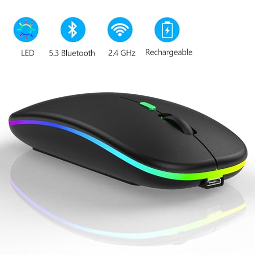 TQQ Maus Kabellos, 2,4 GHz-USB funkmaus, Bluetooth Maus, 1600 DPI Optical Tracking, Wiederaufladbare LED-Dual-Modus Mouse für Laptop, PC, iOS, Android, iPad, Windows