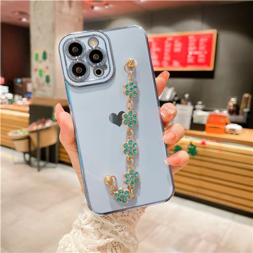 Étui de téléphone de bracelet en strass compatible iPhone 12 11 coque chaîne bleu brillant