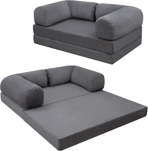COMAX Futon Sofa Bed, 4-in-1 Floor Foldable Sofa Couch Queen with L-Shaped Armrests, Convertible Folding Chair Bed Sleeper Mattress Fold Out Comfy Lounge for Living Room Bedroom, Grey