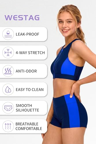 Image of Period Swimwear Sporty Two Piece Menstrual Leakproof Swimsuit Zipper Boyshort Bikini Sets for Teen Girls