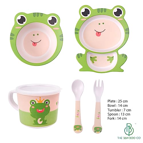 Image of Bamboo Kids Feeding Set of 5 | Made of Bamboo | Kids Crockery Set Tableware |Baby Utensils and Dishes Set | Eco-Friendly |Organic & Natural(Funny Frog)