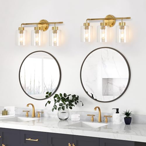 Image of Bathroom Vanity Lights Over Mirror Modern Gold Light Fixture 3 Light with Clear Glass Shade 21.3 inches Brass Wall Sconce Bathroom Lighting E26 Base