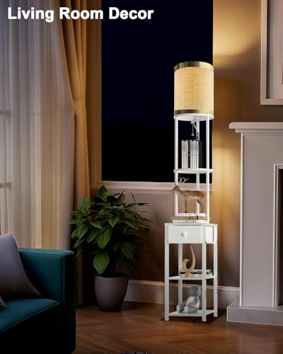 Image of Lightdot 65IN Floor Lamps with Storage Table&Drawer, Corner Shelf Lamps with White End Table and Fabric Shade, Modern Standing Tall Lamp for Living Room /Bedroom /Sofa Beside /Corner Decor(Bulb Included)
