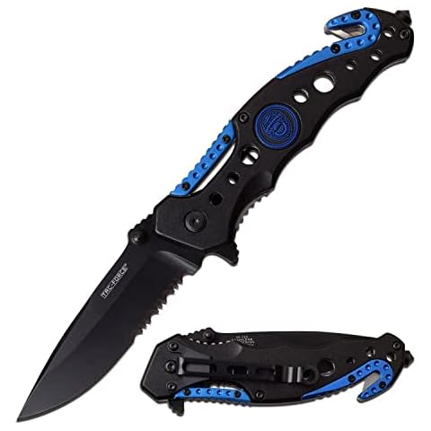 Tac-Force- Spring Assisted Folding Pocket Knife – Black Partially Serrated Blade, Black and Blue Aluminum Handle, Rope Cutter, Glass Punch and Pocket Clip, Tactical, EDC, Rescue - TF-723BL Cover