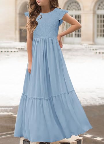Image of MITILLY Girls Lace Flower Wedding Guest Long Maxi Dress for 6-12 Years | Girls Boho Dress, Girls' Special Occasion Dresses, Wedding Party, Size 6-12 Years, Ruffle Sleeve, A Line, With Pockets