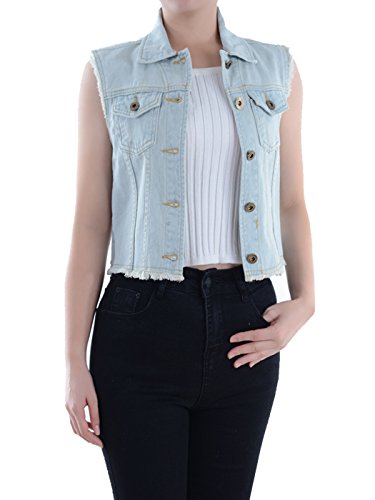 Womens Button Up Sleeveless Washed Denim Vest Jacket Chest Flap Pockets,Light Blue,Medium