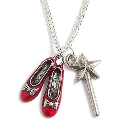 LunarraStar Women Silver Plated Wizard of Oz Ruby Red Slippers Shoes and Wand Charm Necklace Pendant Cover