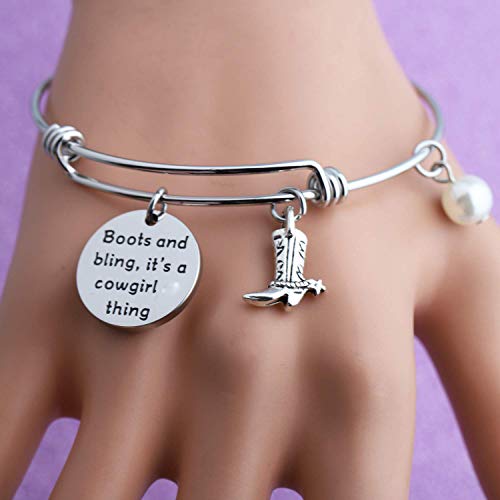 Bekech Cowgirl Jewelry Boots And Bling It's A Cowgirl Thing Bangle Bracelet With Western Wild West Cowgirl Texas Boot Charm Equestrian Gift Horse Lover Gift (Silver) #TOP5