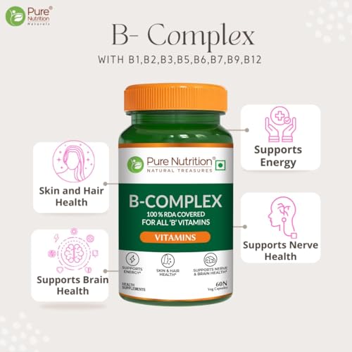 Image of Pure Nutrition B-Complex 180 Veg Tabs (60 X 3) | 100% RDA of B1, B2, B3, B5, B6, B9 | Boosts Immunity, Supports Hair Growth, Energy & Overall Health for Men & Women
